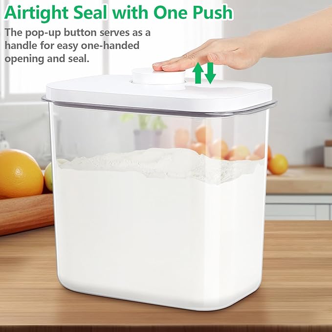 Airtight Rice Container 25 Lbs with Handle and Cup – 12.68Qt Large Flour Sugar Storage Container with Pop Up Seal & Hanging Lid Hooks, Clear Tall Food Storage Bin for Kitchen Pantry Organization