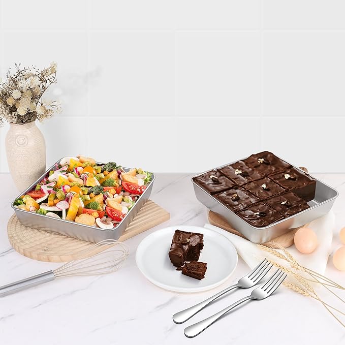 LIANYU 9 x 9 Inch Square Baking Cake Pan Set of 3, Stainless Steel Brownie Bread Cake Molds, Square Bakeware for Lasagna Pie, Oven & Dishwasher Safe