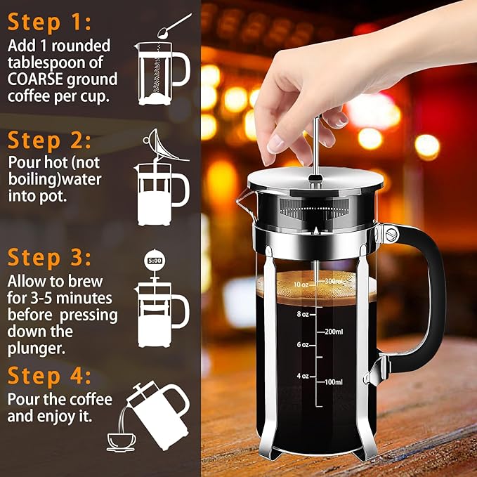 French Press Coffee Maker 304 Stainless Steel Coffee Press,with 4 Filters System, Heat Resistant Thickness Borosilicate French Press Glass, BPA-Free Brewed Tea Pot Coffee Plunger(Copper 12oz)