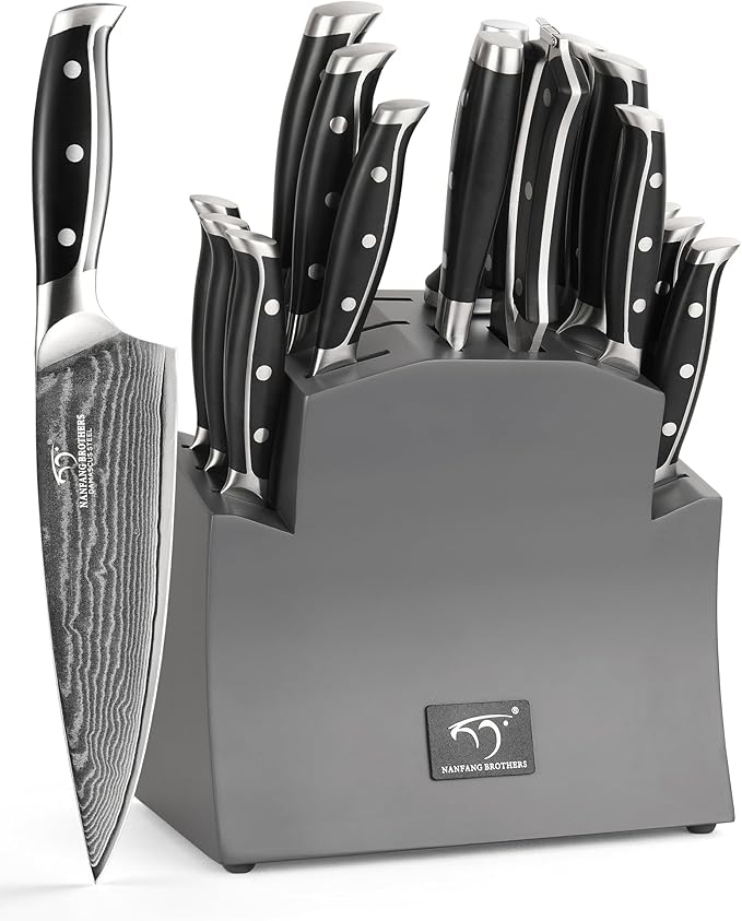 16-Piece Damascus Knife Set with Block - VG10 67-Layer Steel, Razor Sharp, Triple-Rivet Handles, 6 Steak Knives, Meat Fork, Sharpener & Scissors, Gray