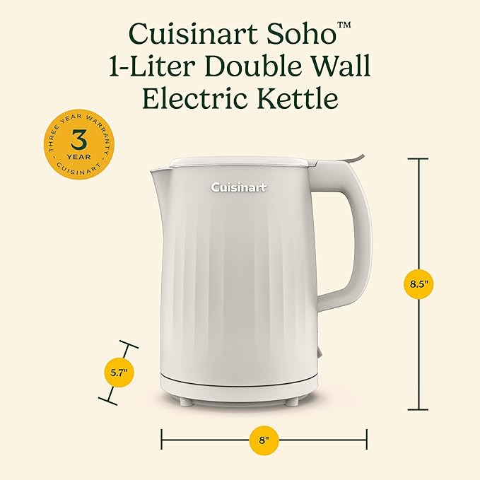 Cuisinart Soho 1-Liter Double Wall Electric Hot Water Kettle, Tea Kettle with Stainless Steel Interior, One Touch Operation to Boil Water for Tea, Hot Cocoa, or Instant Oatmeal, CK-10TR, Truffle