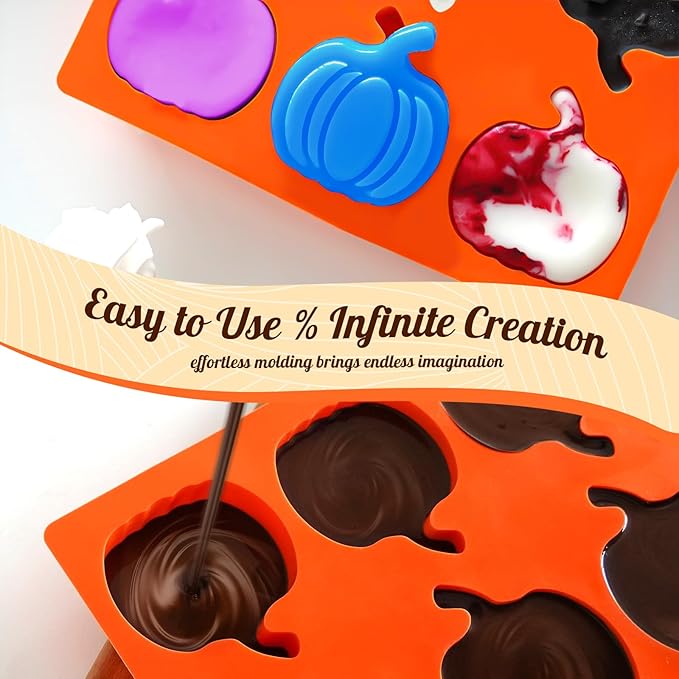 HKNMTT Pumpkin Silicone Molds 2 Pack 6 Cavity Halloween Mold Set for Fall Chocolate Candy Soap Wax Melts Jello Cake Pop Apple Cider Baking Tray Thanksgiving 3D Food Grade Spooky Treats