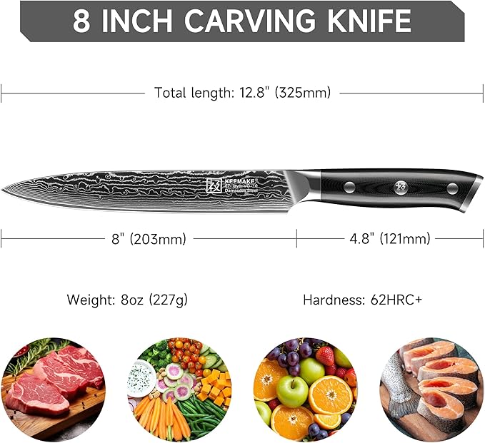 KEEMAKE Carving Knife for Meat, 8 Inch Ultra Sharp Damascus Kitchen Knives with G10 Ergonomic Handle, Brisket Knife for Meat Cutting, Japanese Knives for BBQ Ham Roast Turkey Vegetable