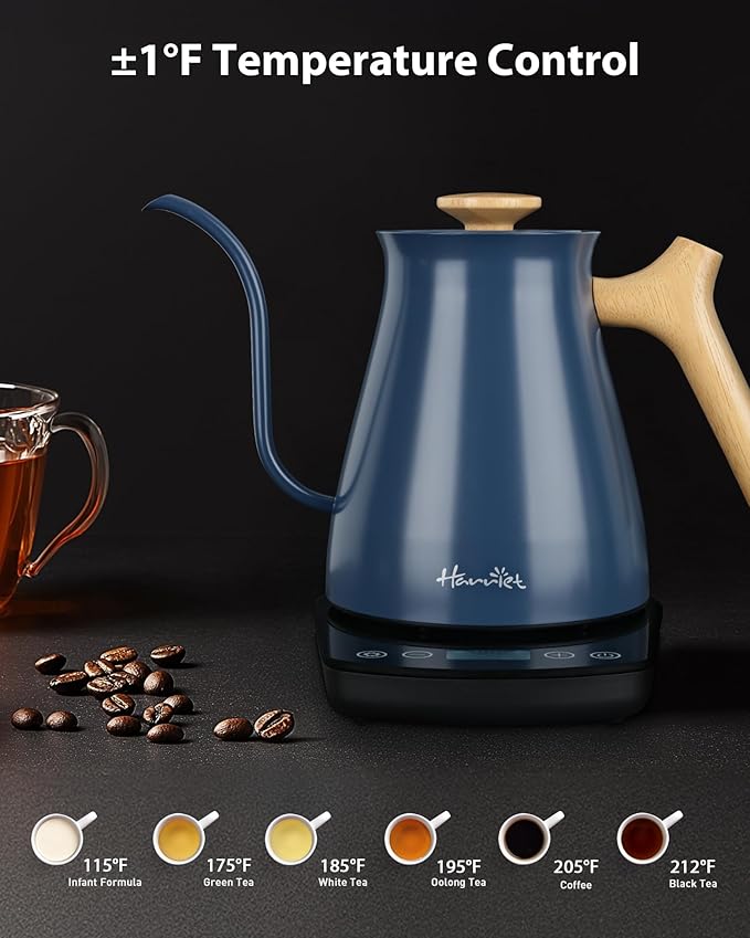 Harriet Gooseneck Electric Kettle - 1200W Fast Heat, 0.8L Stainless Steel, Precision Temp Control & Timer, Wood Handle, Pour Over Coffee and Tea, Blue