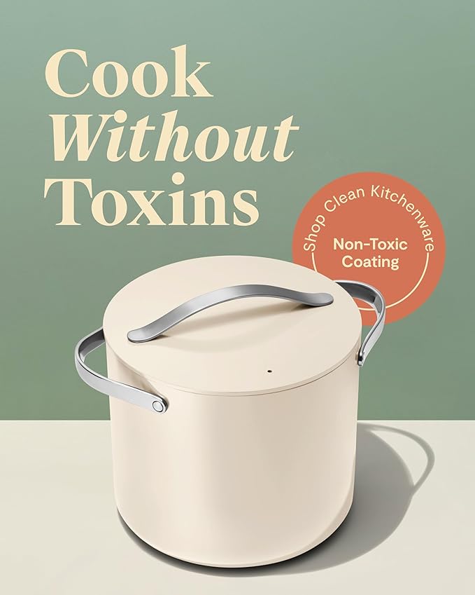 Caraway Stock Pot - 12 Qt Ceramic Coated With Lid - Free From Forever Chemicals - Large for Bigger Batches - Cream