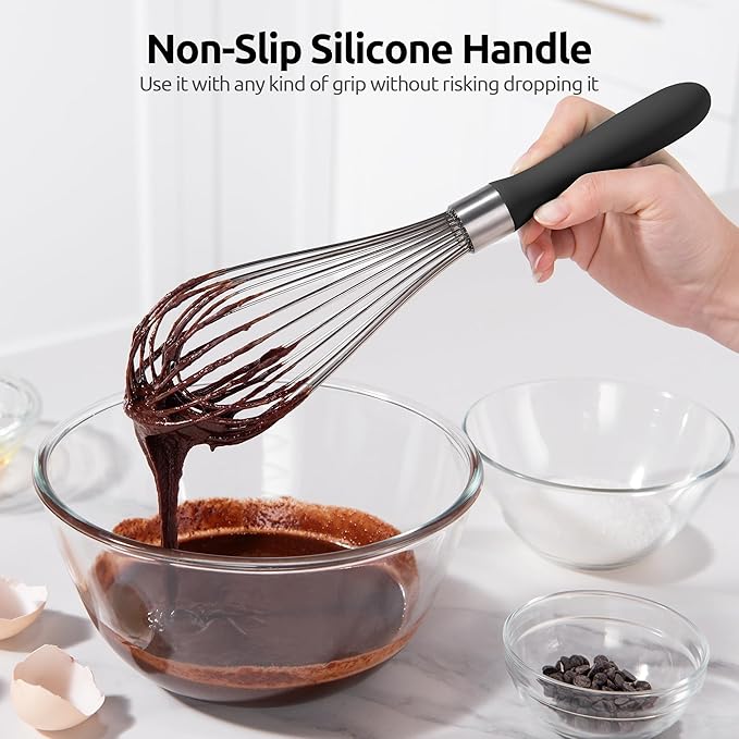 U-Taste Balloon Whisk for Cooking: 18/10 Stainless Steel Kitchen Wire Whisk, 12in Large Heavy Duty Egg Beater, Manual Mixing Tool with 12 High Flex Wires for Stirring, Blending Sauce (Black)