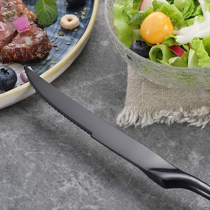 Lemeya Stainless Steel Black Steak Knives Set of 6,Forge Steak Knife,Serrated Steak Knives Set,6 Piece Heavy Steak Knives-10 inch,Mirror Polished,Dishwasher Safe