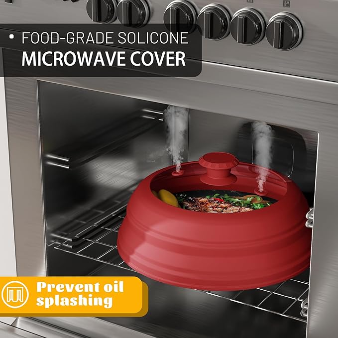 Collapsible Microwave Splatter Cover - Vented Silicone & Glass Lid with Easy-Grip Handle, Fits 6 to 11 Inch Plates & Bowls, 11.8 Inch Diameter, Prevents Splatters & Ensures Even Heating
