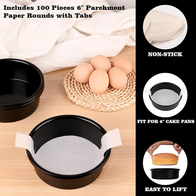 HUAKENER 6 Inch Cake Pan - Set of 3 Round Cake Pans with 100 Pieces Parchment Paper, Non-stick Cake Baking Pans, Dishwasher Safe