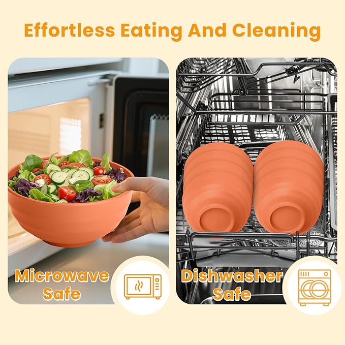 Homienly Large Bowl Set of 8, 60 oz Orange Wheat Straw Bowls, Unbreakable & Microwave Safe, Big Soup and Salad Bowls for Wedding, Party, Camping, Family Dining