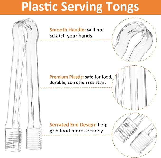 PEASUG 20 PCS Plastic Serving Tongs, Disposable Plastic Tongs, Clear Kitchen Small Serving Utensils for Serving for Party Food Buffet Appetizer Salad Catering Ice, 6.3 Inches