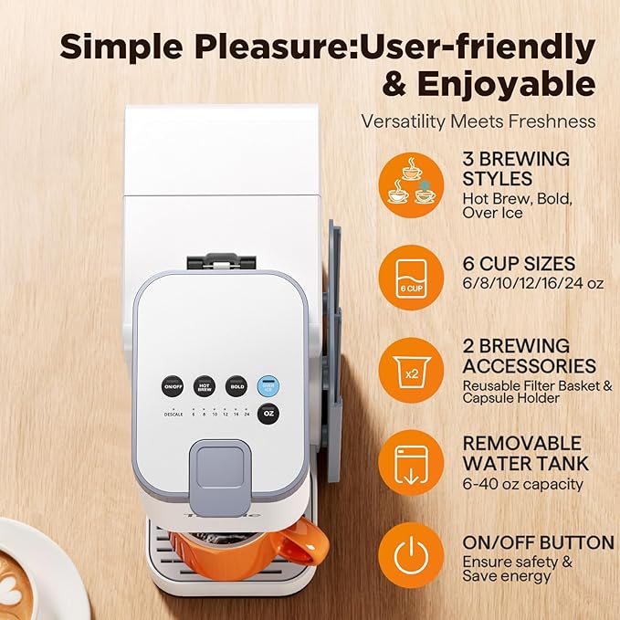 Hot & Iced Coffee Maker with Magnetic K-Pod Organizer (Pods Not Included), Stores 10 Pods, 4-5 Cups Coffee Maker & Single-serve Brewer for K Cup & Grounds, 40oz Removable Water Tank, White