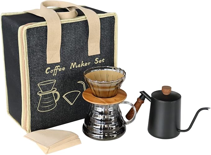 SOTECH Pour Over Coffee Maker Set with Black Gooseneck Kettle, Wooden Pad Holder, Coffee Dripper Server, DIY Manual Portable Coffee Maker Set