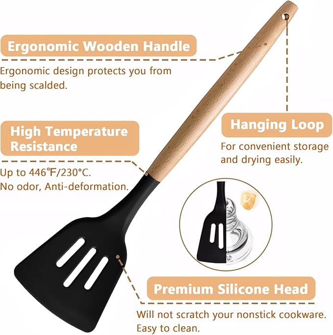 Silicone Kitchen Utensils Set of 6, Cooking Utensils Set with Heat Resistant Wooden Handle, Nonstick Silicone Spatula Spoon Turner Ladle, Cooking Kitchen Gadget for Cookware & Baking BPA FREE