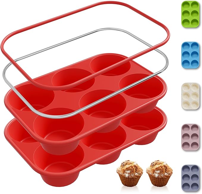 2 Pack 6 Cups Silicone Mini Muffin Pan with Metal Reinforced Frame Silicone Molds Cupcake Cake Baking Pans Cookie Baking Chocoflan Cupcake Mold Cake Molds Kitchen Baking Mom Gift Home Essentials