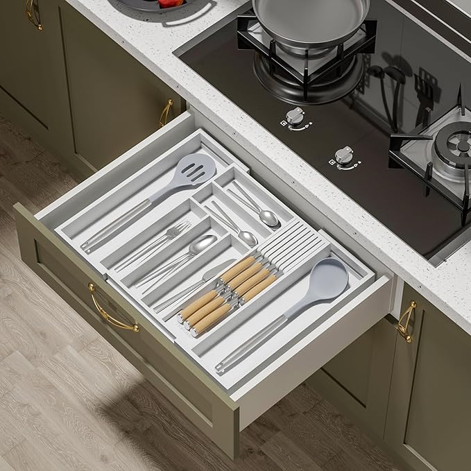 Bamboo-Silverware-Drawer-Organizer-Kitchen, Expandable Utensil Holder Cutlery Tray Flatware Organization Adjustable Wood Tableware Dividers Storage (with Removable Knife Block)(White)