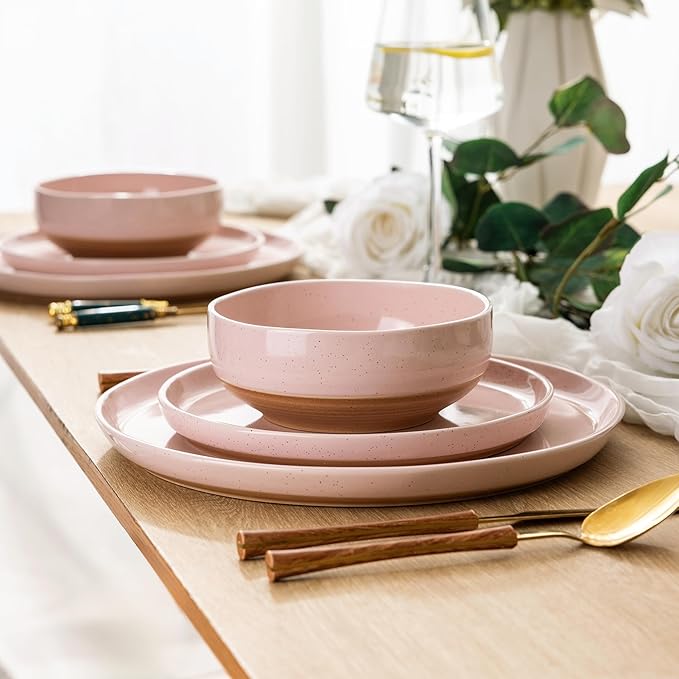 AmorArc Ceramic Dinnerware Sets for 6, 18 Pieces Handpainted Speckled Plates and Bowls Set with Rustic Terracotta Underside, Scratch Resistant Stoneware Dishes Set, Dishwasher & Microwave Safe, Pink