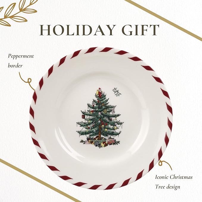 Spode Christmas Tree Canape Plates - Set of 4 | Peppermint Design, Holiday Appetizer Plate | Christmas Serving & Festive Dish | Seasonal Decorative Plate, Holiday Tableware