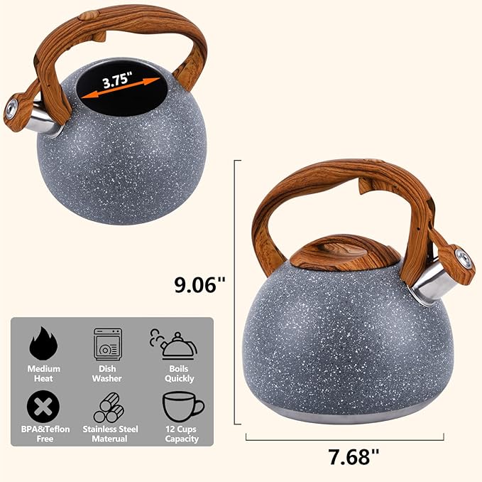 Tea Kettle, 3.2 Quart Whistling Tea Kettle Stovetop, Tea Pots for Stove Top Food Grade Stainless Steel with Wood Pattern Handle, Grey Teapot