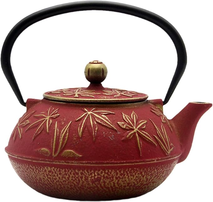 Cast Iron Teapot Tea Kettle with Stainless Steel Infuser for Stovetop Safe Coated with Enameled Interior Japanese Red Tetsubin with Maple Leaves Pattern(30.4oz/900ml)