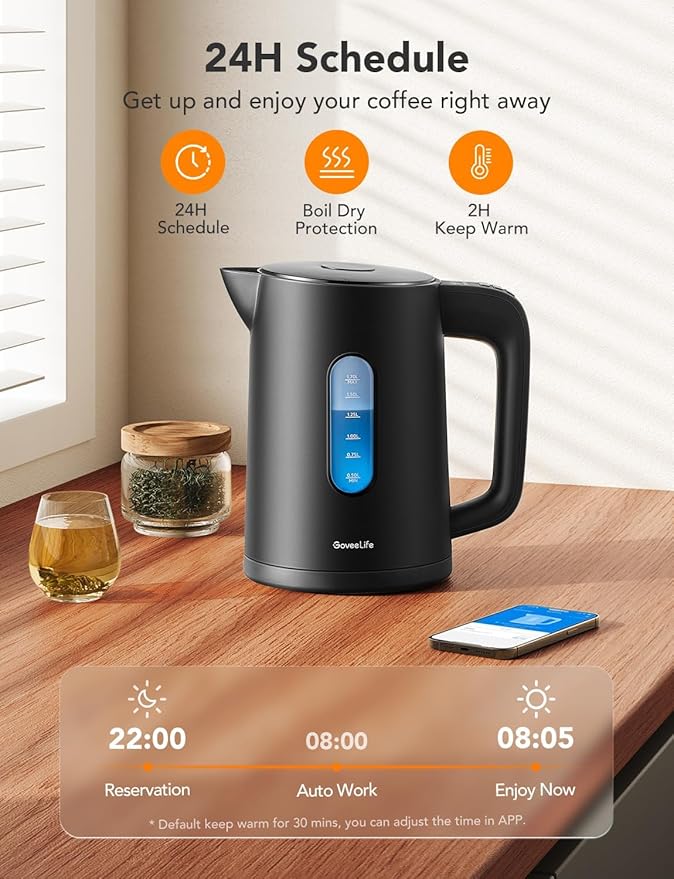 GoveeLife Smart Kettle Temperature Control 1.7L, 1500w WiFi Tea Kettle Electric with LED Indicator Lights, Remotely Control, 2H Keep Warm, 4 Presets Hot Water Boiler for Tea & Coffee & DIY
