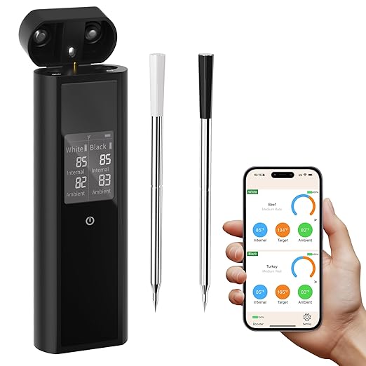 Niitawm Wireless Meat Thermometer, Smart Bluetooth Food Thermometer with Dual Probes, IP67 Waterproof 48H Monitoring App Thermometer for 820FT Long Range BBQ Air Fryer, Oven Grill, Cooking Gift