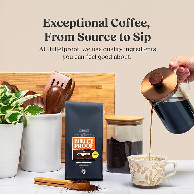 Bulletproof Original Medium Roast Ground Decaf Coffee, 12 Ounces, 100% Arabica Coffee, Clean Coffee Tested for Toxins, Packaging May Vary