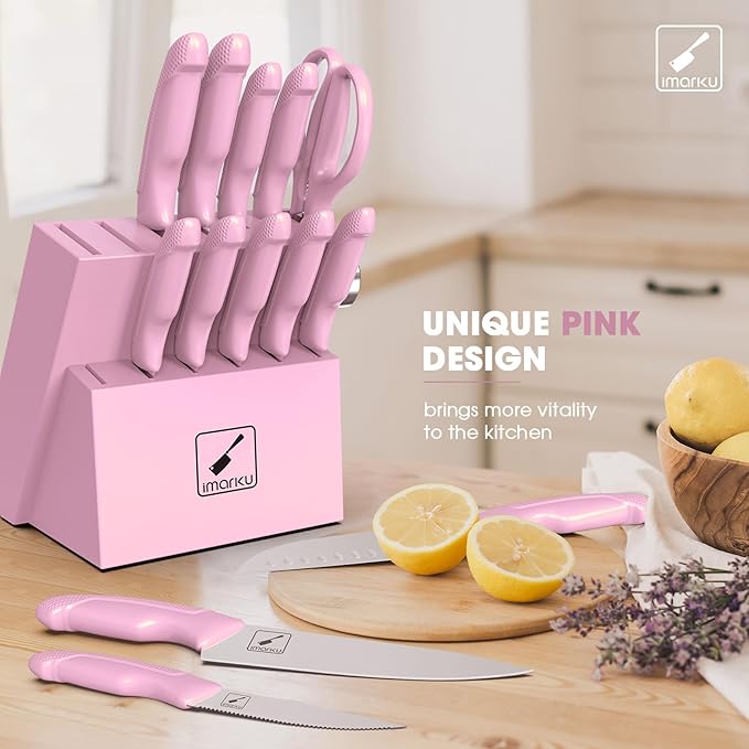 imarku Knife Set with Block, Sharp Knife Set with Built-in Sharpener, Japanese Stainless Steel Kitchen Knife Set with Non-Slip Ergonomic Handle, Dishwasher Safe, Best Holiday Gifts, 14 PCS, Pink