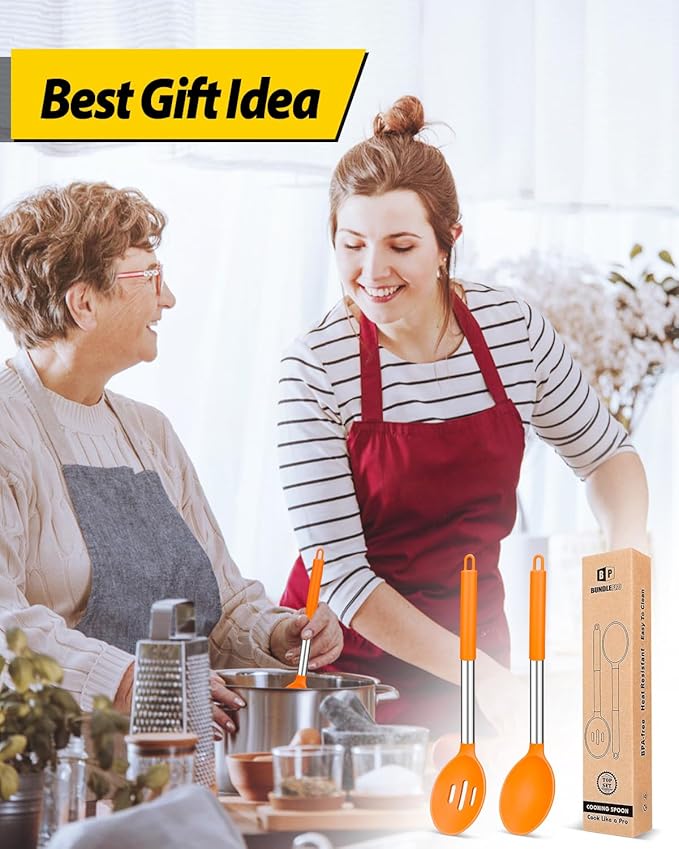 Pack of 2 Large Silicone Cooking Spoons,Non Stick Solid Basting Spoon,Heat-Resistant Kitchen Utensils for Mixing,Serving,Draining,Stirring (ORANGE)
