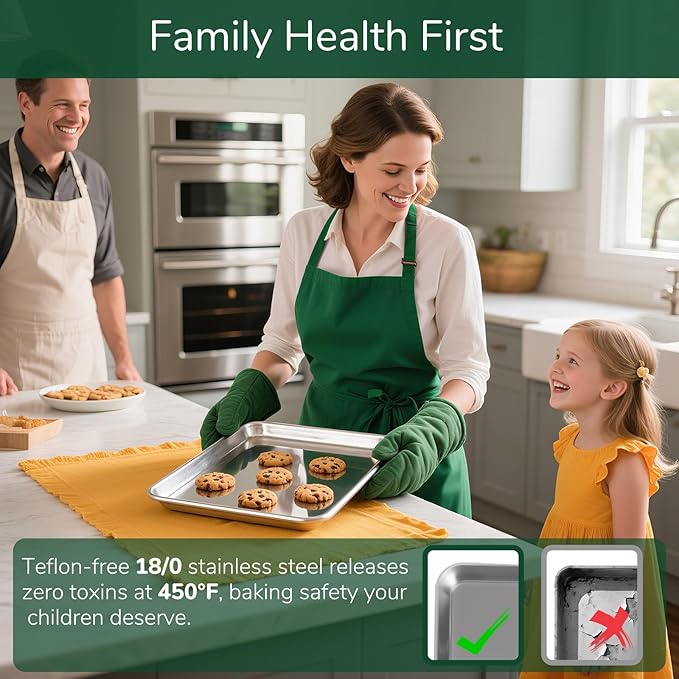 18/0 Stainless Steel Baking Sheet with Cooling Rack, 12.4 Inch Oven-Safe Non-Toxic Cookie Sheets for Baking, Coating Free & Rust Resistant for Healthy Family Baking, Easy to Clean, Heavy Duty