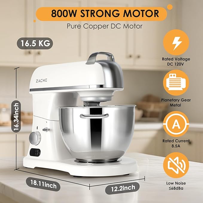 ZACME 8.4QT Commercial Stand Mixer 800W with NSF Certified and Aluminum Die Casting, Mixers Kitchen Electric Stand Mixer with Stainless Steel 8L Bowl, Dough Hook, Whisk and Beater, Porcelain