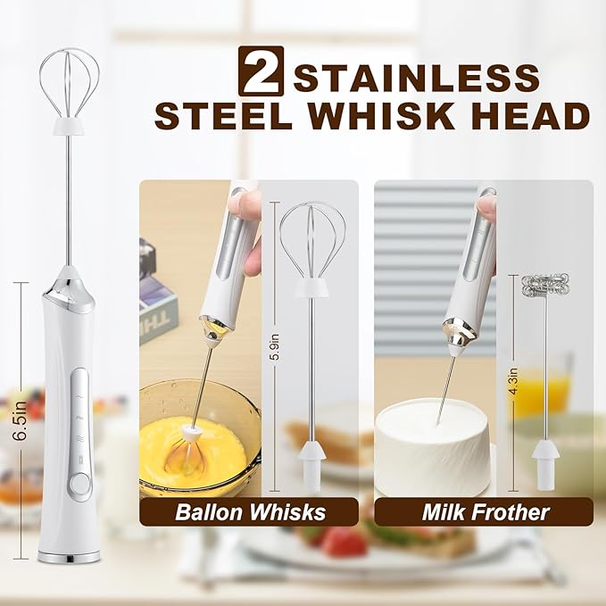 Handheld Electric Milk Frother with 2 Heads, Coffee Whisk Foam Mixer with USB Rechargeable 3 Speeds, Foam Maker Blender for Latte, Cappuccino, Hot Chocolate, Egg (White with stand)