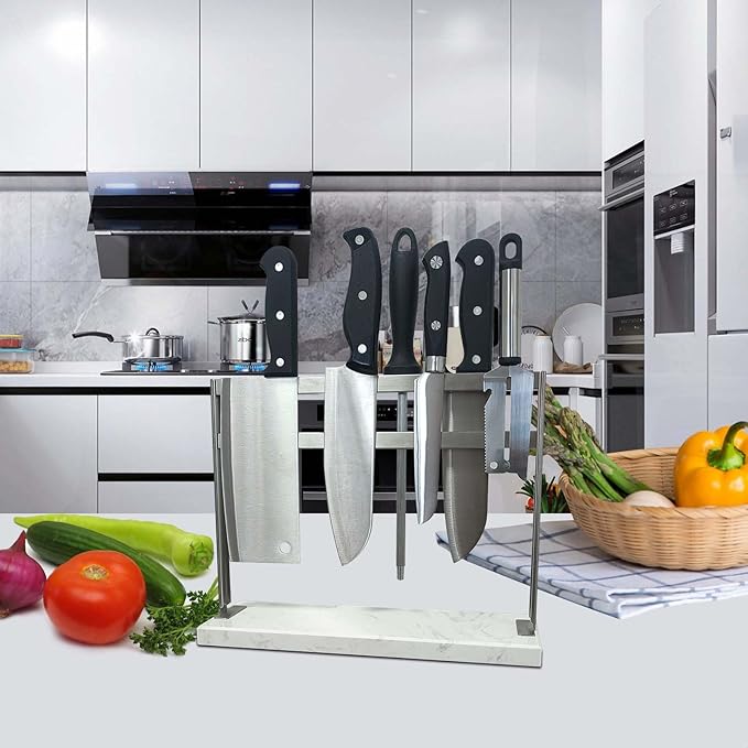 YIIYIIN Magnetic Knife Block with Marble Base - Double Sided Magnetic Knife Stand - Magnetic Knife Holder - Kitchen Knife Storage - Knife Holders for Counter Top - Marble White