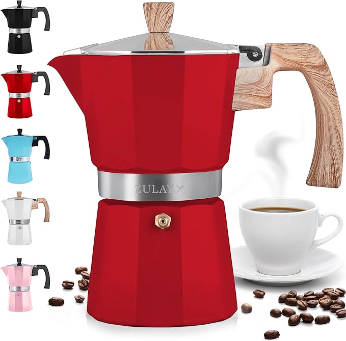 Zulay Kitchen Stovetop Espresso Maker - Moka Pot 3 Espresso Cups - Percolator Coffee Maker for Classic Cuban & Italian Style Espresso - Portable Coffee Maker for Camping & Travel - (Red)