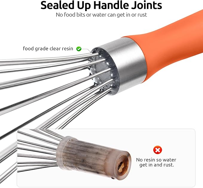 U-Taste 9" Small Egg Whisk: 18/10 Stainless Steel Kitchen Cooking Wire Balloon Wisk, Heavy Duty Metal Beater Stirrer, Manual Baking Tool with 6 Flex Wires for Hand Mixing, Blending Sauce (Orange)