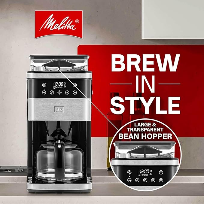 Melitta® Aroma Fresh™ Plus 10-Cup Automatic Drip, Programmable Coffee Maker with built in Burr Coffee Grinder, 5-Pack Coffee Filters included