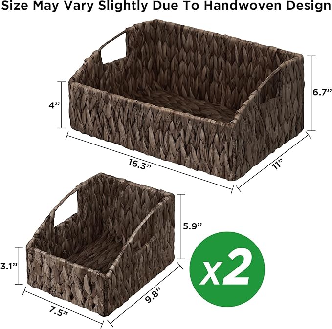 Ollieroo Natural Water Hyacinth Storage Baskets, Handwoven Wicker Storage Bins with Built-in Handles, Storage Container Baskets for Shelves, Bedroom, Bathroom, Laundry Room or Kitchen(Black)