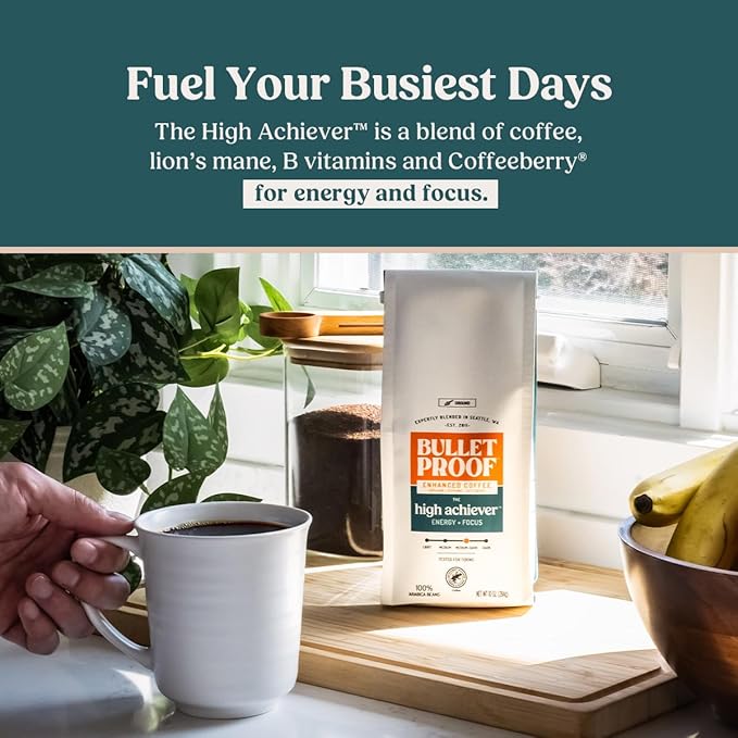 Bulletproof The High Achiever Ground Mushroom Coffee, 10oz (Pack of 3), High Caffeine with Lion's Mane, B Vitamins and Adaptogens for Energy & Focus, Medium-Dark Roast