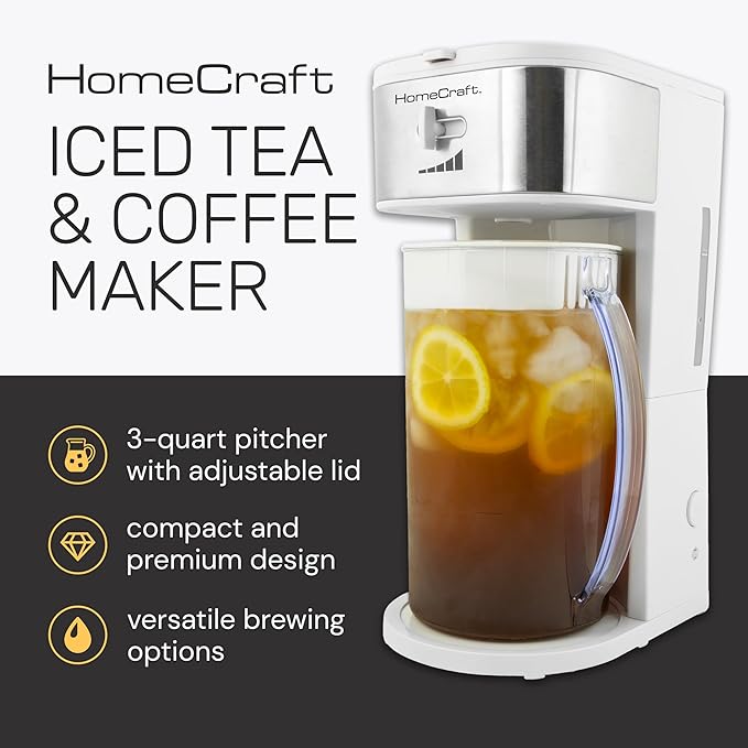 HomeCraft 3-Quart White Stainless Steel Café' Iced Tea And Iced Coffee Brewing System, 12 Cups, Strength Selector & Infuser Chamber, Perfect For Lattes, Lemonade, Flavored Water, Large Pitcher