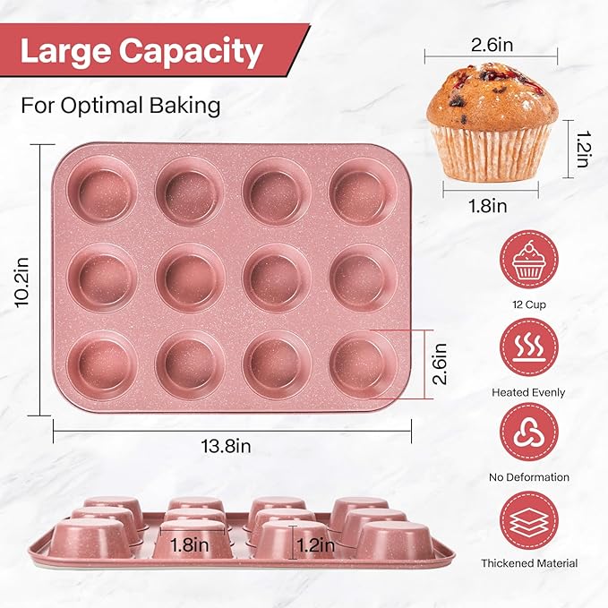 2-Pack Pink Nonstick Muffin Pans, 12-Cup Muffin Cake Pan, 5-Layer Free PFOA/PFOS/PTFE Safe Cupcake Pan, Durable & Easy-Clean Muffin Cup for Baking