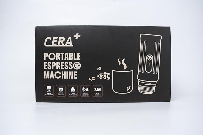 CERA+ Self-Heating Portable Espresso Machine,Up to 8 Cups per Charge & 20 Bar, 13500mAh, CERApresso Works with NS Capsules & Grounds, Electric Coffee Maker for Camping,Hiking,Office & Car/Air Travel