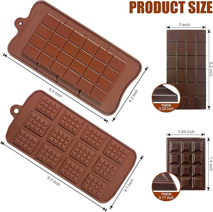 Walfos Break-Apart Chocolate Molds, Non-Stick Silicone Chocolate Bar Mold, Food Grade Candy Bar Mold, Perfect for Energy Bar, Cocoa Mini Bar, Basic Bites, 2 Pack