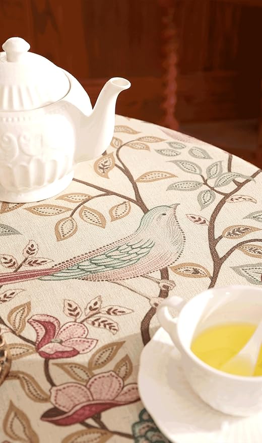 patdrea Designer Vintage Round Tablecloth,Pink Linen Table Cloth with Birds Pattern,Colorful Decoration French Table Cover for Kitchen Dining,Party,Thanksgiving,Christmas,Diameter 67"-Kulom a