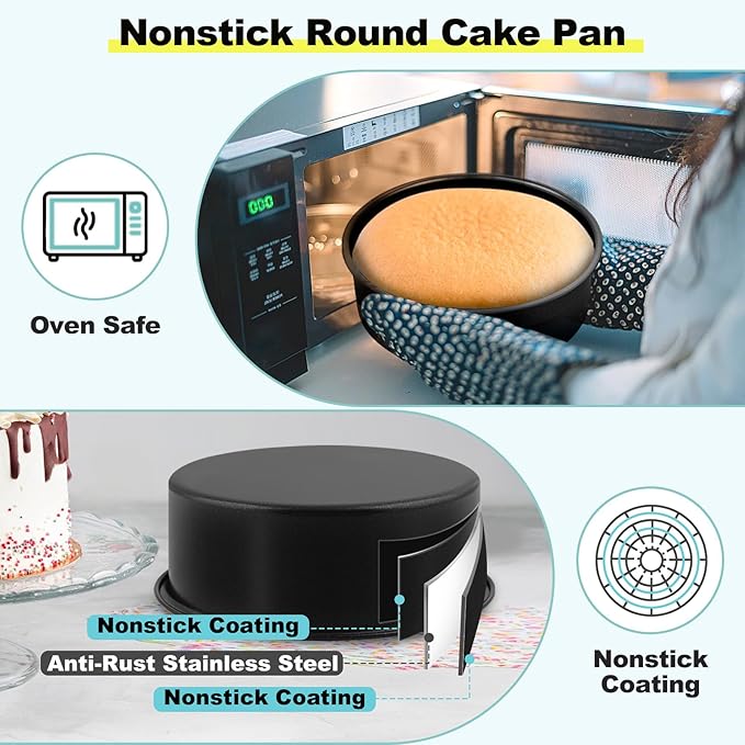 LIANYU 6 Inch Cake Pan Set of 3, Stainless Steel Round Smash Cake Baking Pans Tins, Bakeware for Birthday Wedding Party, Leak-proof & Nonstick, Dishwasher Safe, Black