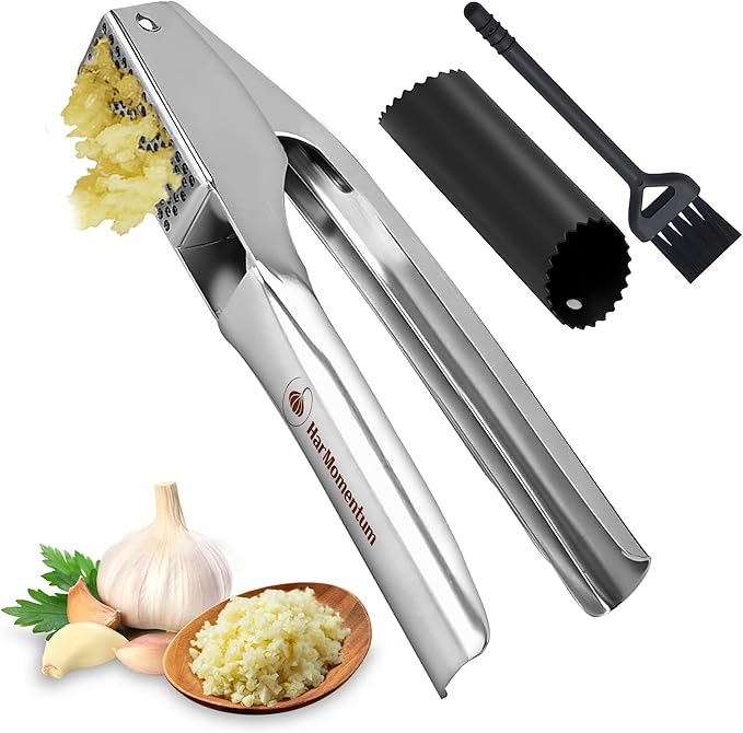 Garlic Press Stainless Steel - No Need to Peel Garlic Mincer & Crusher - 304 Inox, 7.34 Oz, Large Trough - Ergonomic Handle, Easy to Clean, Dishwasher Safe (2 Years Warranty)
