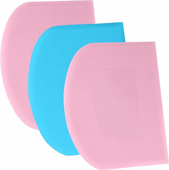 SURDOCA Dough Scraper Bench Scraper - 3P 7.1x4.9" Plastic Flexible Bowl Scraper, Sharp Edge & Angles Cake Scraper. Non-Slip Bakeware Decorating Tools Sculpting & Modeling Tools - Pink+Blue+Pink