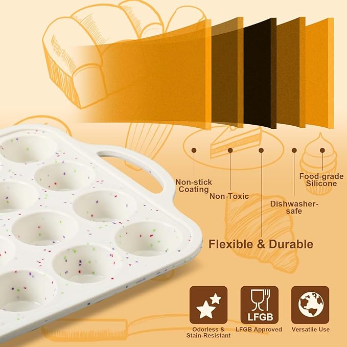 2 Silicone Muffin Pans for Baking with 200 Mini Cupcake Liners, Back to School 1st First Day of School Kitchen Dorm Room Bakeware Supplies, Muffin Tin(24-Cup Mini)