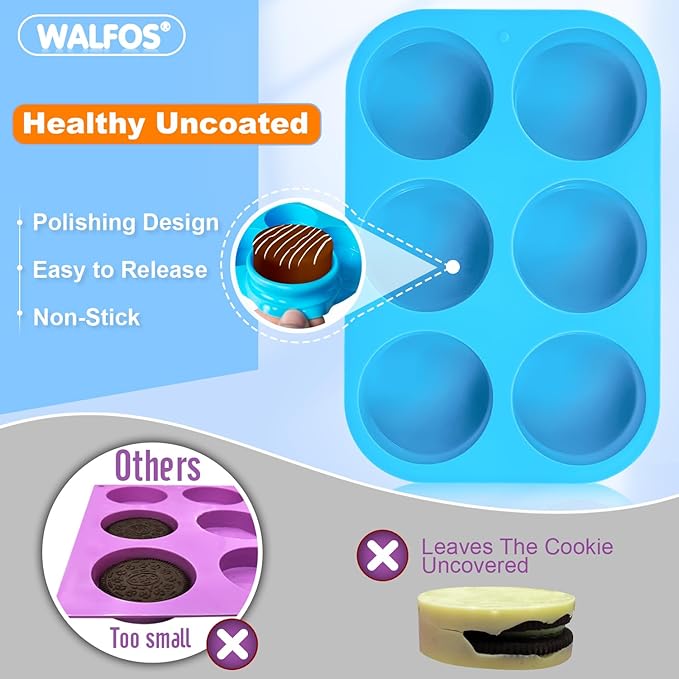 Walfos Oreo Molds Silicone, Non-Stick Round Chocolate Covered Oreos Mold for Candy, Cookies, Pudding, Soap, Jello, Set of 4 (Blue/Green)