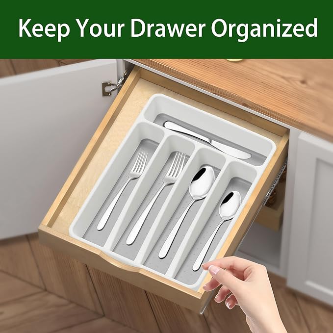 Silverware Organizer Utenisl Organizer Holder Kitchen Drawer Organizer Plastic Silverware Tray for Drawer Flatware Organizer 5 Compartment White