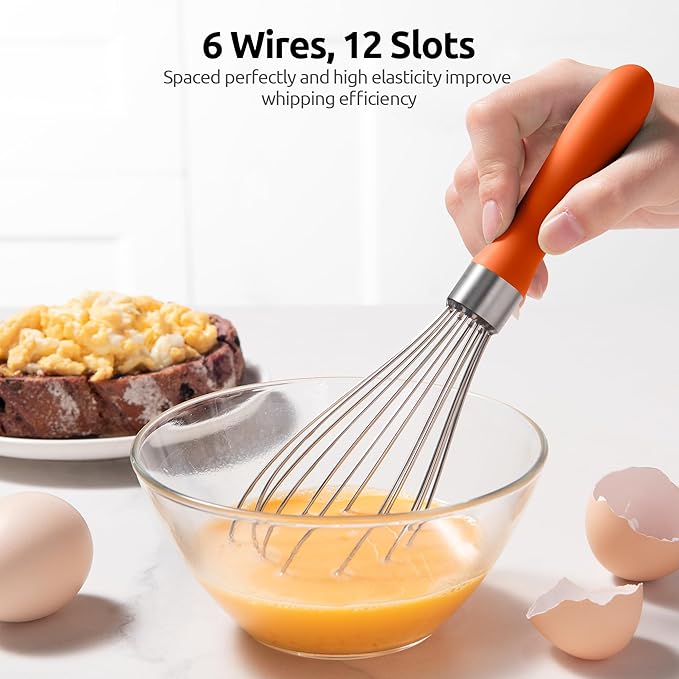 U-Taste 9" Small Egg Whisk: 18/10 Stainless Steel Kitchen Cooking Wire Balloon Wisk, Heavy Duty Metal Beater Stirrer, Manual Baking Tool with 6 Flex Wires for Hand Mixing, Blending Sauce (Orange)